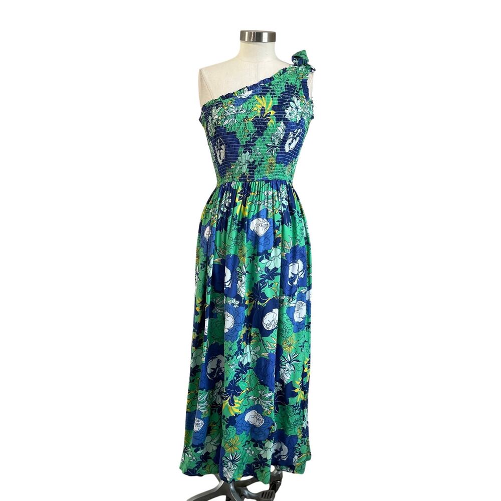 Japna One Shoulder Smocked Maxi Dress Blue Green Floral Boho Vacation Sz‎ Small